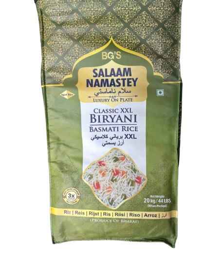 SALAAM NAMASTEY Classic White Basmati rice 20kg, XXL Grain, Gluten free (Pack of 1)